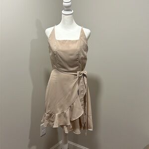 Square neck wrap mini dress with ruffle hemline—Oatmeal